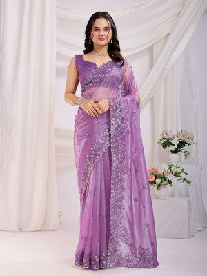 wonaari Solid/Plain Daily Wear Net Saree(Purple)
