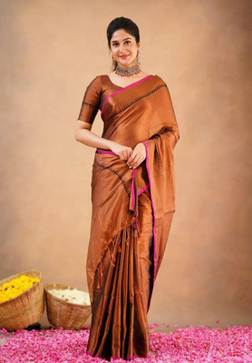 RIDDHIMAN FASHION Self Design Handloom Tissue Saree(Brown)