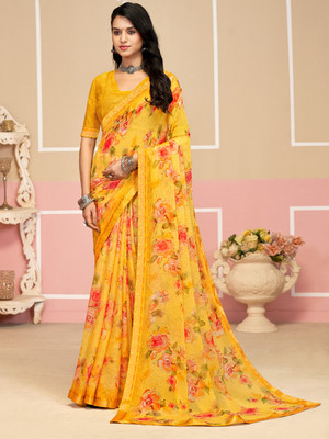 PANZORA Floral Print Daily Wear Chiffon Saree(Yellow)