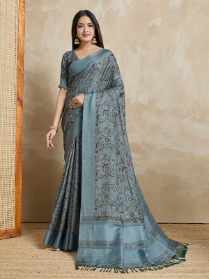 Divastri Digital Print, Printed Bollywood Tussar Silk Saree(Grey)