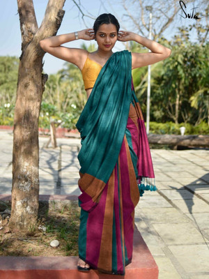 DipDiya Color Block Handloom Cotton Blend Saree(Pack of 2, Green)