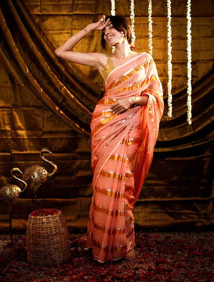 Lakshmi Boutique Woven, Self Design, Striped Bollywood Mulmul, Cotton Silk Saree(Pink, Gold)
