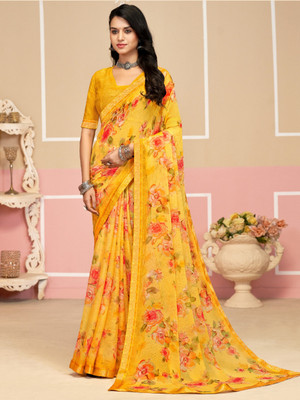 Divastri Floral Print, Geometric Print, Digital Print, Printed Bollywood Chiffon Saree(Yellow)