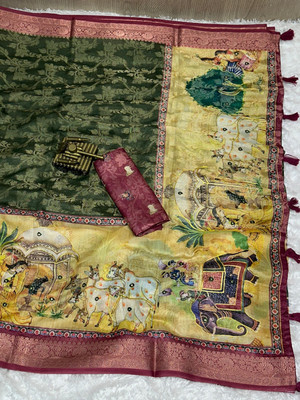 Ambaji enterprise Woven, Self Design Bollywood Cotton Blend Saree(Dark Green)