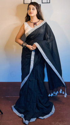 SMRITI BOUTIQUE Solid/Plain Handloom Handloom Pure Cotton Saree(Black)