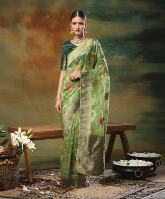 Divastri Printed Banarasi Organza Saree(Light Green)