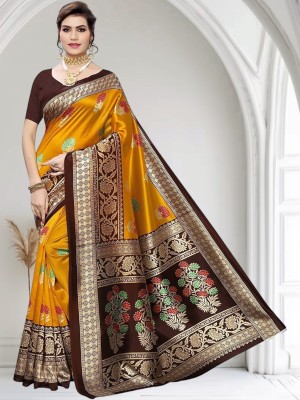 Grubstaker Printed Banarasi Tussar Silk Saree(Yellow)