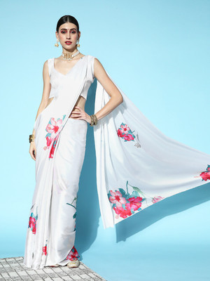 Kimisha Printed Bollywood Satin Saree(White)