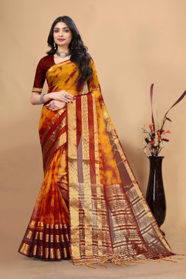 Aarunika AF Self Design Bollywood Art Silk Saree(Maroon, Yellow)
