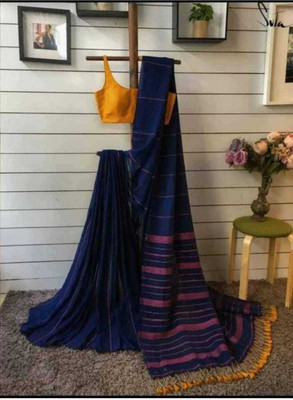 Anita Striped Handloom Pure Cotton Saree(Dark Blue)