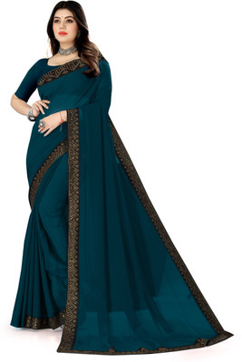 pari creation Solid/Plain, Self Design, Dyed, Embellished Bollywood Georgette Saree(Light Blue)