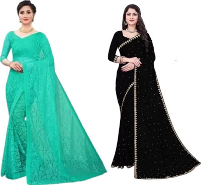 Saadhvi Self Design Daily Wear Net, Georgette Saree(Pack of 2, Light Blue, Black)