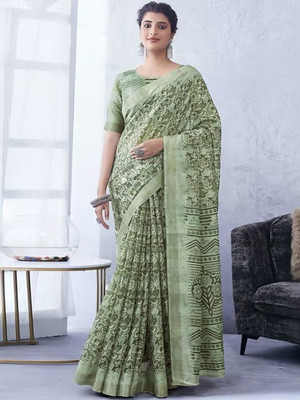 sareezaatrendz Printed Daily Wear Cotton Linen Saree(Light Green)