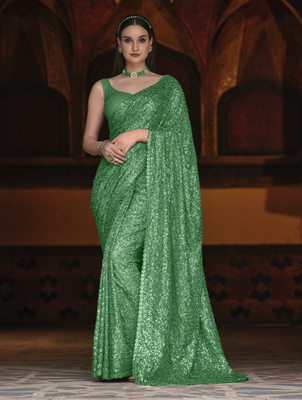 DIVINE INTERNATIONAL TRADING CO Embroidered, Embellished Bollywood Georgette Saree(Light Green)