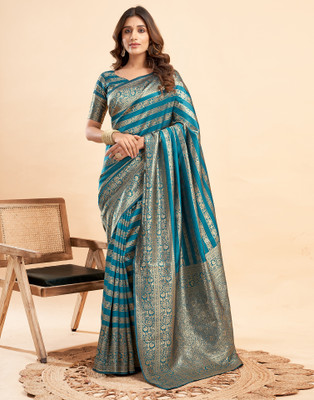 Samah Self Design, Woven Kanjivaram Silk Blend Saree(Blue, Gold)
