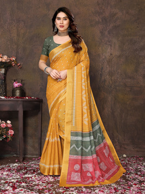 Soor Panchi Digital Print Banarasi Cotton Linen Saree(Yellow)