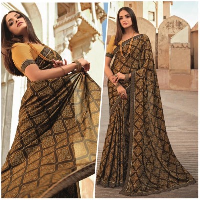 SARIK Printed, Self Design, Graphic Print, Floral Print, Checkered, Solid/Plain Bollywood Georgette, Chiffon Saree(Brown)