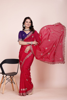 V AMAN FASHION Solid/Plain, Self Design, Embroidered Bollywood Chiffon Saree(Purple)