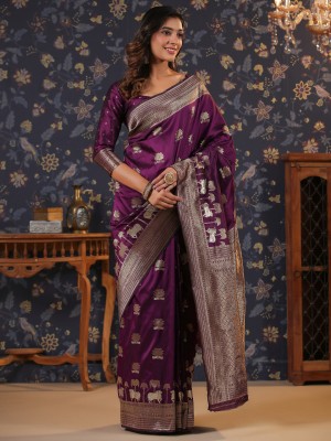 House of Pataudi Woven Banarasi Silk Blend Saree(Purple)