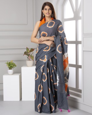 NIKHILAM Blocked Printed, Color Block, Dyed, Floral Print, Printed Ikkat Pure Cotton Saree(Grey)