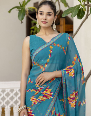 Samah Printed, Geometric Print, Embellished Bollywood Chiffon Saree(Blue)