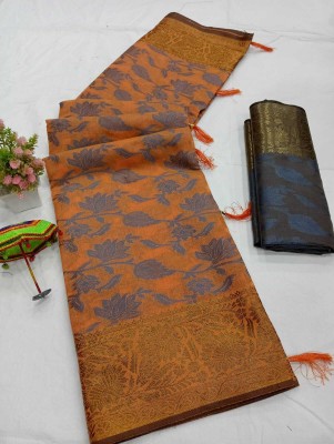 Saaransh Woven, Self Design Kanjivaram Pure Cotton, Art Silk Saree(Orange)