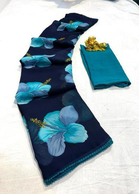 nirave fashion Printed, Floral Print Daily Wear Georgette Saree(Dark Blue)