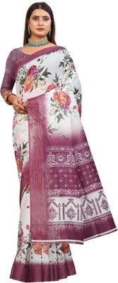 HouseOfCommon Printed Kanjivaram Pure Cotton, Chanderi Saree(White, Maroon)