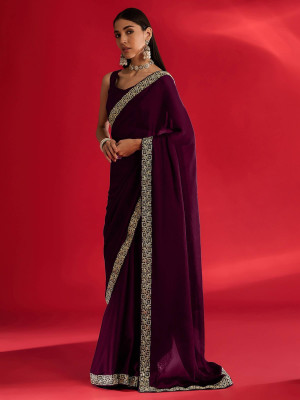 yourwish Embroidered, Embellished Bollywood Silk Blend Saree(Purple)