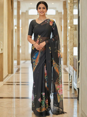 ZAMUNA Floral Print, Digital Print Daily Wear Georgette Saree(Black)
