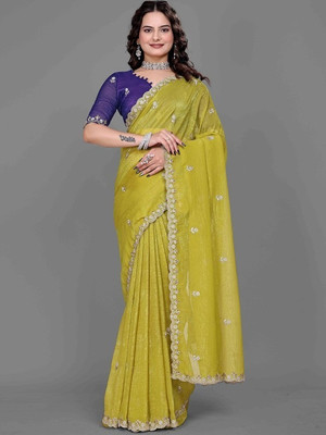 LAJEELEE Embroidered Bollywood Jimmy choo Saree(Yellow)
