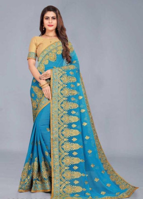 MIYANIFAB Embroidered Bollywood Georgette Saree(Light Blue)