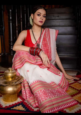 Joyguru Textile Woven Handloom Pure Cotton Saree(White, Red)