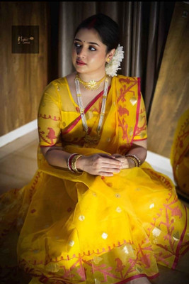 priya textile Self Design Banarasi Muslin Saree(Yellow)
