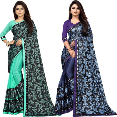 DECOFIN Embellished Bollywood Lycra Blend Saree(Pack of 2, Light Blue, Blue)