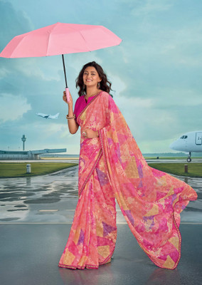 Laxmipati sarees Printed Saree with Attached Blouse Chiffon Saree(Pink)