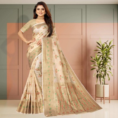 KRENIW Woven Bollywood Cotton Silk, Jacquard Saree(Beige)