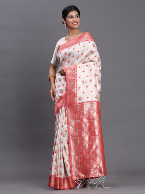 HouseOfCommon Woven Banarasi Cotton Silk Saree(White)