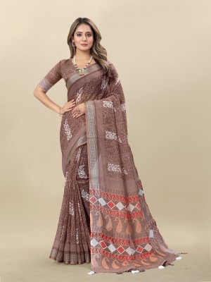 VERCO Woven Bollywood Cotton Linen Saree(Brown)