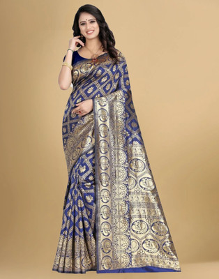 Samah Self Design, Woven, Embellished Banarasi Silk Blend, Jacquard Saree(Blue)