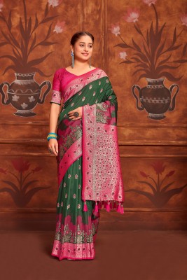 Satika Riti Woven, Self Design Kanjivaram Silk Blend Saree(Dark Green)