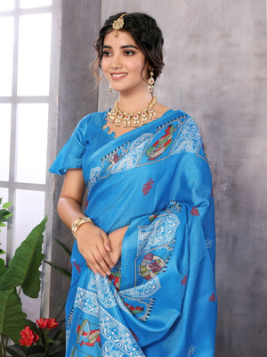 YASHIKA Printed Kalamkari Art Silk Saree(Blue)