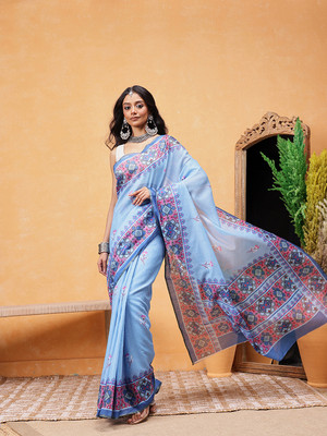 SILK ZONE Digital Print Pre Draped Saree Cotton Blend Saree(Light Blue)