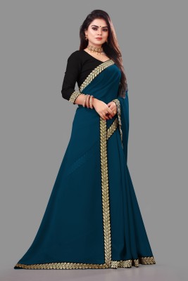 pari creation Solid/Plain Bollywood Georgette, Lace Saree(Dark Blue, Black)