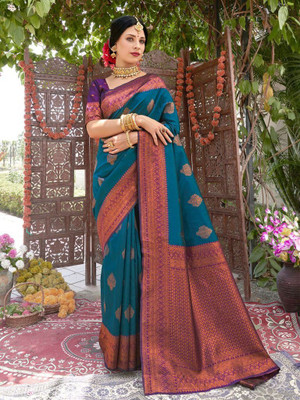 VASTUKALA Woven Kanjivaram Pure Silk, Art Silk Saree(Light Blue, Purple)