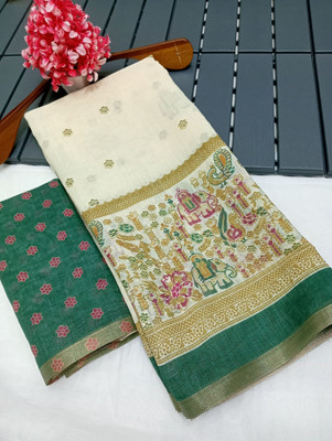 HangerStories Polka Print Kanjivaram Linen, Cotton Linen Saree(Green)