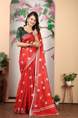 Handsel Printed Bollywood Cotton Linen, Linen Saree(Red)