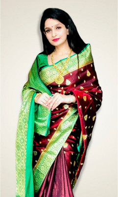 Ansari Fabrics Printed Banarasi Satin Saree(Maroon)