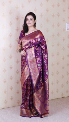 The Stylique Fashion Woven, Floral Print, Self Design, Embellished Banarasi Silk Blend Saree(Purple)