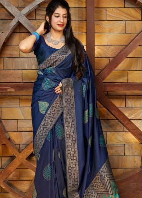 vinayak fashion Woven Banarasi Silk Blend Saree(Blue)